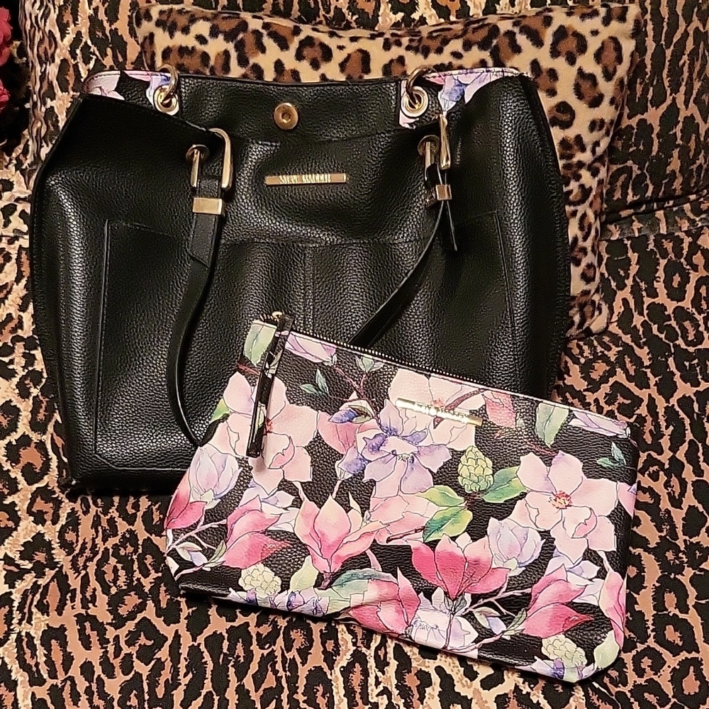 Steve Madden Black Vegan Leather Tote Bag with Floral Clutch/Cosmetic Pouch